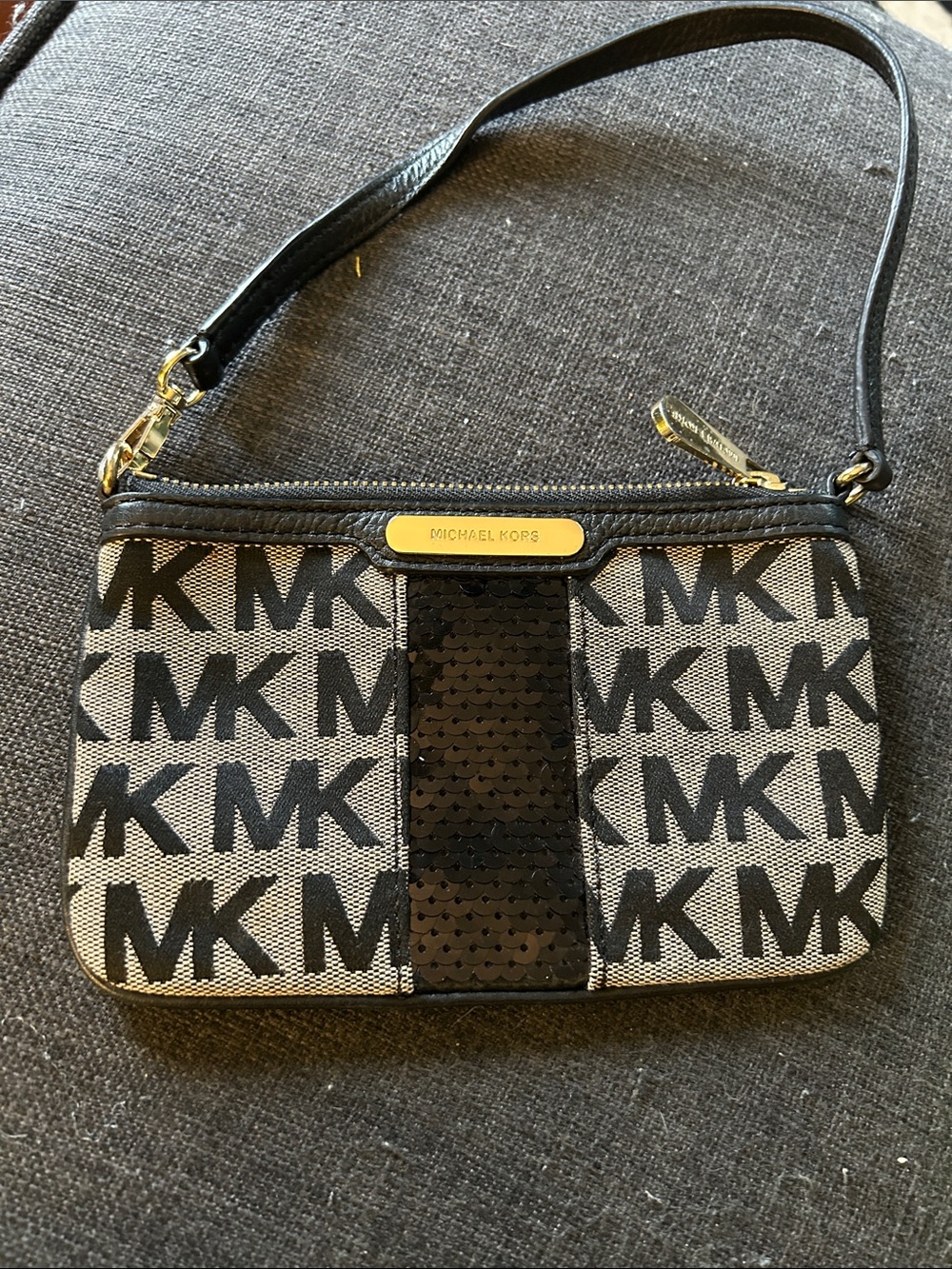 Michael Kors Black and Ivory MK Logo Wristlet with Sequin Trim